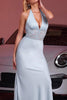 Load image into Gallery viewer, Light Blue Mermaid Halter Backless Satin Maxi Prom Dress with Lace