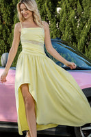 Load image into Gallery viewer, Yellow A Line Ruched Asymmetrical Prom Dress with Lace