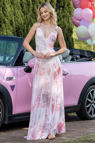 Blush Print Sheath V-Neck Chiffon Backless Maxi Prom Dress