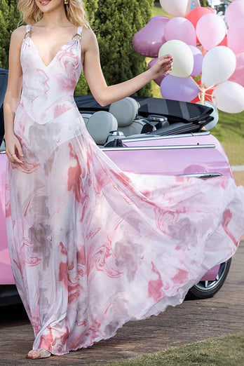 Blush Print Sheath V-Neck Chiffon Backless Maxi Prom Dress