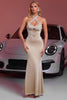 Load image into Gallery viewer, Sparkly Champagne Beaded Mermaid Satin Maxi Prom Dress with Keyholes