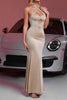 Load image into Gallery viewer, Sparkly Champagne Beaded Mermaid Satin Maxi Prom Dress with Keyholes