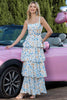 Load image into Gallery viewer, Blue Tiered Print Ruffled Maxi Prom Dress with Bows