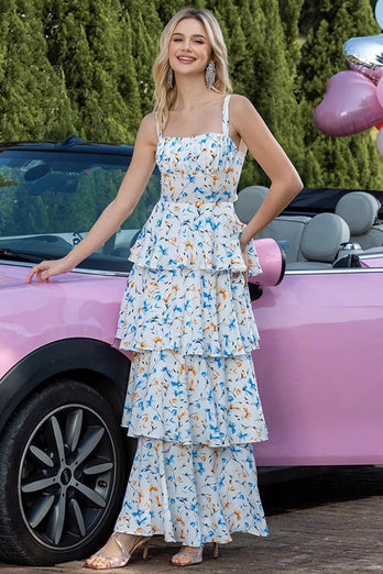 Blue Tiered Print Ruffled Maxi Prom Dress with Bows