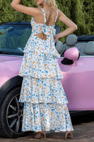 Load image into Gallery viewer, Blue Tiered Print Ruffled Maxi Prom Dress with Bows