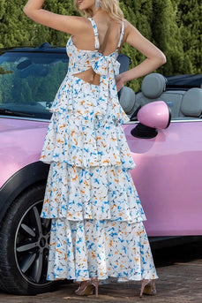 Blue Tiered Print Ruffled Maxi Prom Dress with Bows