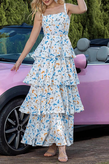 Blue Tiered Print Ruffled Maxi Prom Dress with Bows