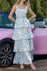 Load image into Gallery viewer, Blue Tiered Print Ruffled Maxi Prom Dress with Bows