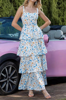 Load image into Gallery viewer, Blue Tiered Print Ruffled Maxi Prom Dress with Bows