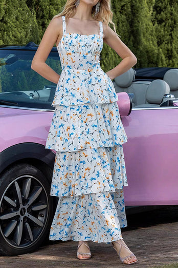 Blue Tiered Print Ruffled Maxi Prom Dress with Bows