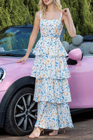 Load image into Gallery viewer, Blue Tiered Print Ruffled Maxi Prom Dress with Bows