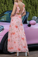 Load image into Gallery viewer, Blush Floral Print Sheath Maxi Prom Dress with String