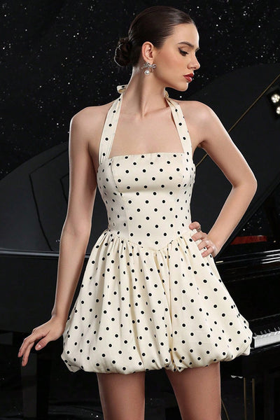 Black and White Polka Dots A Line Halter Short Vintage Prom Dress
