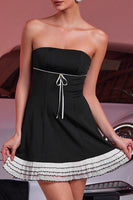 Load image into Gallery viewer, Black A Line Strapless Short Prom Dress with Ruffles