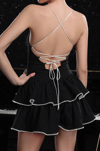 Black A Line Tiered Striped Short Prom Dress with Ruffles