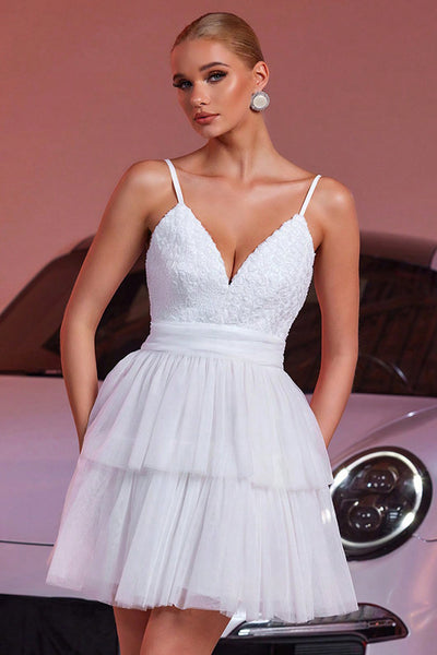 White Tulle A Line Tiered Short Prom Dress with Ruffles