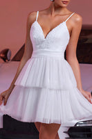Load image into Gallery viewer, White Tulle A Line Tiered Short Prom Dress with Ruffles