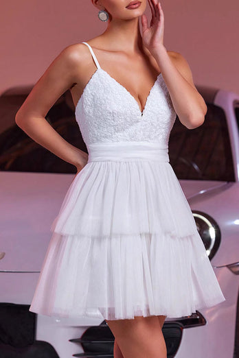 White Tulle A Line Tiered Short Prom Dress with Ruffles