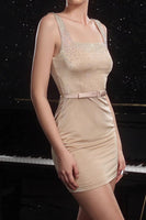 Load image into Gallery viewer, Sparkly Khaki BeadedShort Tight Prom Dress with Belt