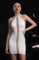Load image into Gallery viewer, Women Sparkly White Beaded Short Tight Prom Dress Backless High Neck Cocktail Dress