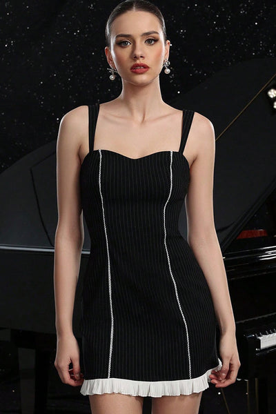 Black Bodycon Striped Short Tight Prom Dress with Ruffles