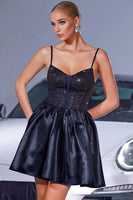 Load image into Gallery viewer, Sparkly Navy Satin A Line Corset Short Prom Dress with Beading