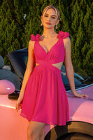 Load image into Gallery viewer, Fuchsia Cut Out A Line V-Neck Short Prom Dress with Ruffles