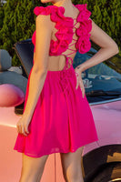 Load image into Gallery viewer, Fuchsia Cut Out A Line V-Neck Short Prom Dress with Ruffles
