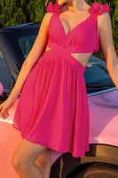 Load image into Gallery viewer, Fuchsia Cut Out A Line V-Neck Short Prom Dress with Ruffles