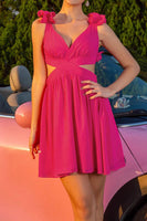 Load image into Gallery viewer, Fuchsia Cut Out A Line V-Neck Short Prom Dress with Ruffles