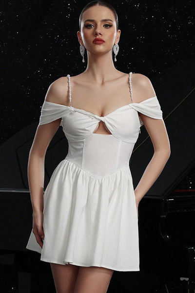 White Satin A Line Cold Shoulder Short Prom Dress with Keyhole