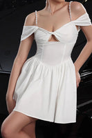 Load image into Gallery viewer, White Satin A Line Cold Shoulder Short Prom Dress with Keyhole
