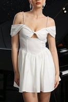 Load image into Gallery viewer, White Satin A Line Cold Shoulder Short Prom Dress with Keyhole