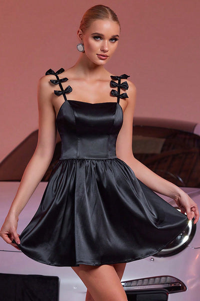 Black Satin A Line Short Prom Dress with Bows