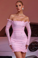Load image into Gallery viewer, Sparkly Pink Beaded Short Tight Prom Dress with Ruffles