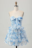 Load image into Gallery viewer, White and Blue Ruffled Floral Strapless Short Prom Dress with Bow