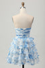 Load image into Gallery viewer, White and Blue Ruffled Floral Strapless Short Prom Dress with Bow