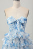 Load image into Gallery viewer, White and Blue Ruffled Floral Strapless Short Prom Dress with Bow