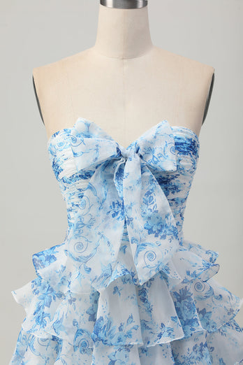 White and Blue Ruffled Floral Strapless Short Prom Dress with Bow