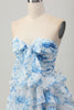 Load image into Gallery viewer, White and Blue Ruffled Floral Strapless Short Prom Dress with Bow