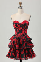 Load image into Gallery viewer, Black and Red Sweetheart Corset Floral Short Prom Dress with Ruffles