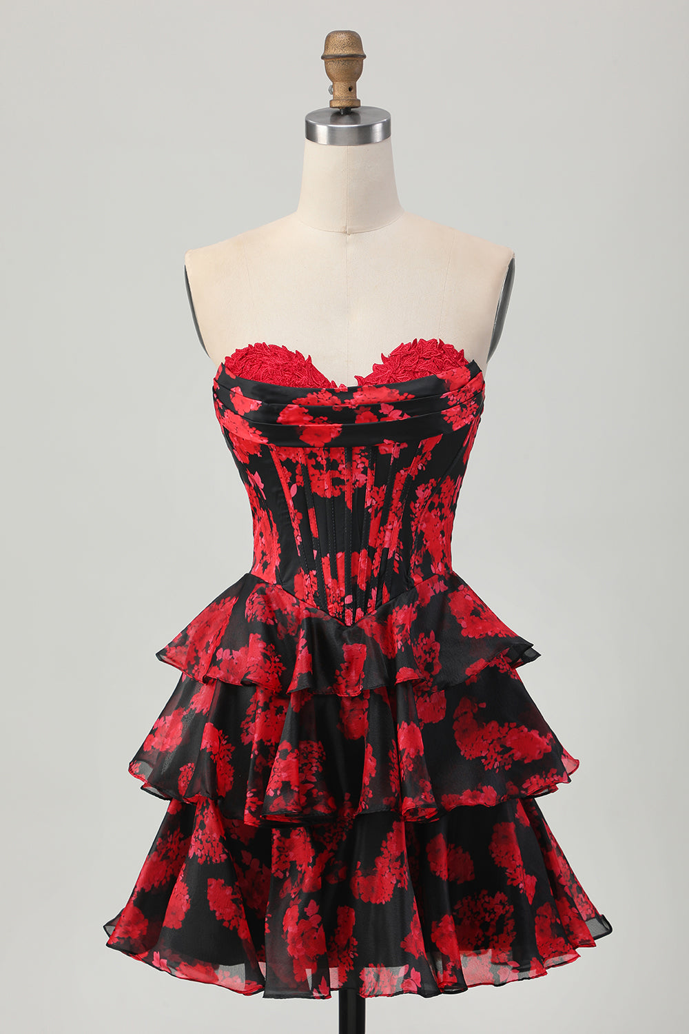 Black and Red Sweetheart Corset Floral Short Prom Dress with Ruffles
