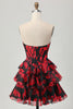Load image into Gallery viewer, Black and Red Sweetheart Corset Floral Short Prom Dress with Ruffles