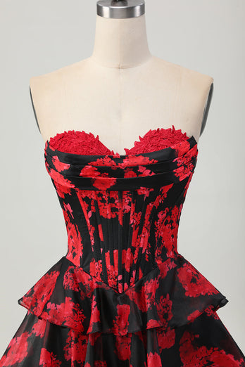 Black and Red Sweetheart Corset Floral Short Prom Dress with Ruffles