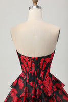 Load image into Gallery viewer, Black and Red Sweetheart Corset Floral Short Prom Dress with Ruffles