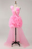 Load image into Gallery viewer, Women Hot Pink High-Low Tulle Ruffled Floral Short Prom Dress One Shoulder Asymmetrical Pageant Interview Dress