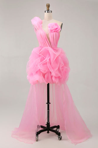Women Hot Pink High-Low Tulle Ruffled Floral Short Prom Dress One Shoulder Asymmetrical Pageant Interview Dress