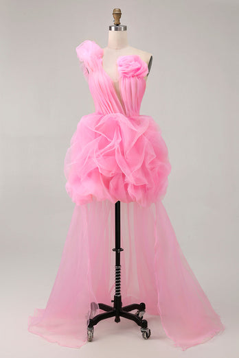 Women Hot Pink High-Low Tulle Ruffled Floral Short Prom Dress One Shoulder Asymmetrical Pageant Interview Dress