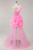 Load image into Gallery viewer, Floral Hot Pink One Shoulder Ruffled Tulle High-Low Prom Dress