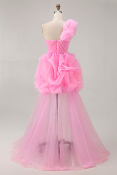 Floral Hot Pink One Shoulder Ruffled Tulle High-Low Prom Dress
